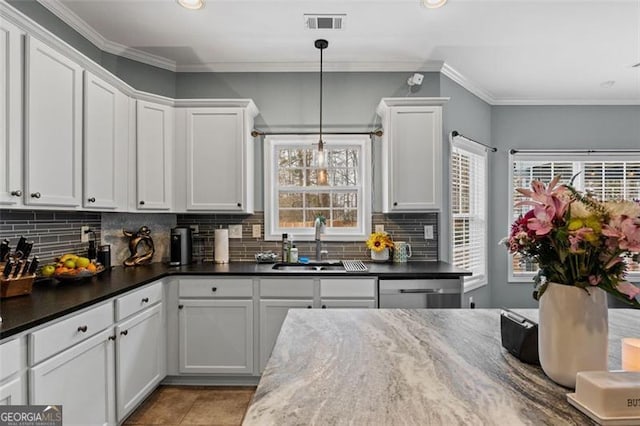 kitchen featuring sink, pendant lighting, and white cabinets