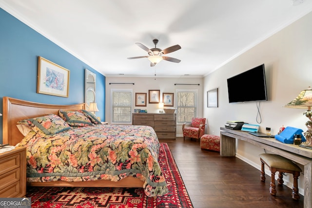 bedroom featuring baseboards, ceiling fan, dark wood-style floors, and ornamental molding