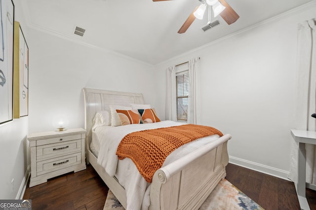 bedroom featuring crown molding, ceiling fan, and dark hardwood / wood-style floors