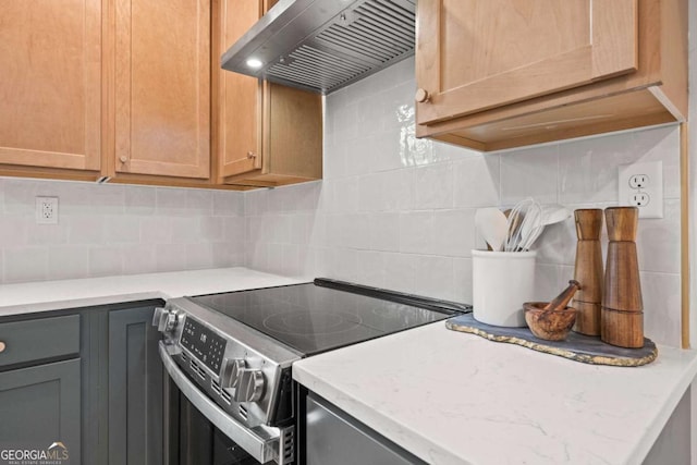 kitchen featuring stainless steel range with electric stovetop, wall chimney range hood, and decorative backsplash