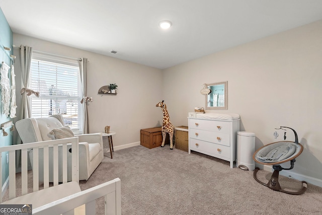 bedroom with light carpet