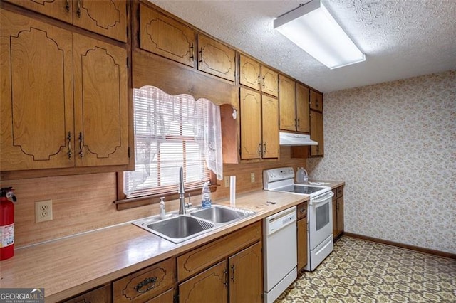 242 Herring Gull Ct, Monticello, GA 31064 - kitchen with sink, a textured ceiling, and white appliances