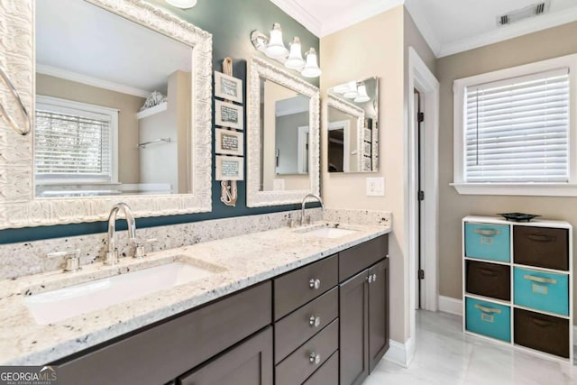 7856 Keepsake Ln, Flowery Branch, GA 30542 - full bathroom featuring double vanity and crown molding