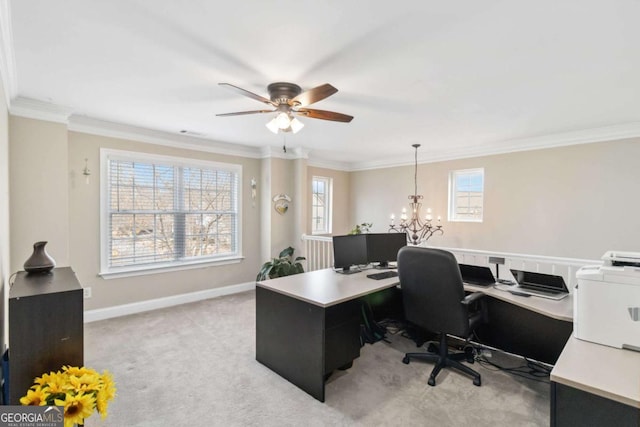 home office with light carpet, crown molding, and ceiling fan with notable chandelier