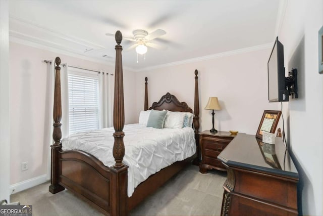 bedroom with crown molding, light carpet, and ceiling fan