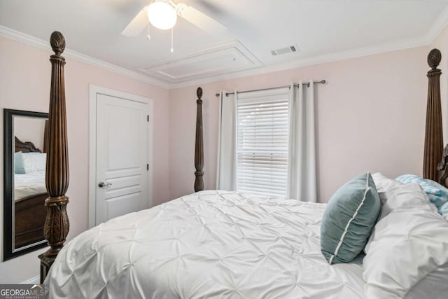 bedroom with crown molding and ceiling fan