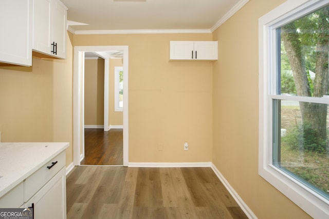 interior space with crown molding, a wealth of natural light, and light wood-type flooring