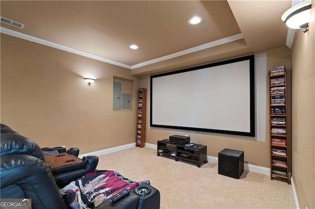 3130 Kates Way NW, Kennesaw, GA 30152 - carpeted home theater room with baseboards, recessed lighting, ornamental molding, and electric panel