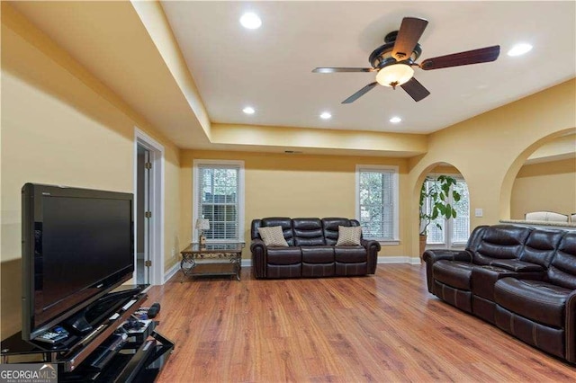 3130 Kates Way NW, Kennesaw, GA 30152 - living room featuring wood finished floors, a ceiling fan, recessed lighting, and healthy amount of natural light