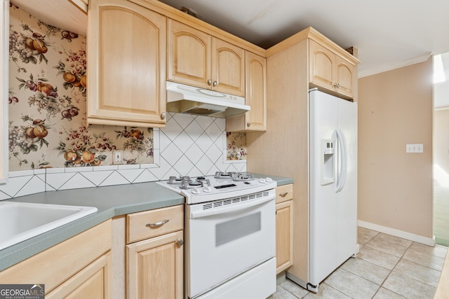 kitchen featuring light brown cabinets, white appliances, light tile patterned floors, backsplash, and under cabinet range hood