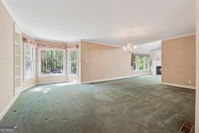 unfurnished living room featuring a chandelier, carpet flooring, and baseboards