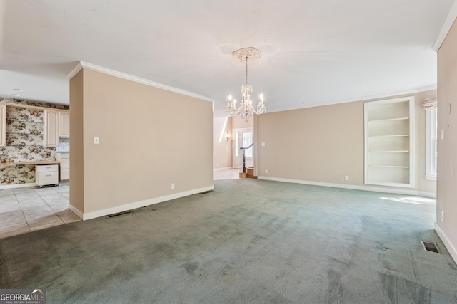 unfurnished dining area featuring a notable chandelier, light colored carpet, and ornamental molding