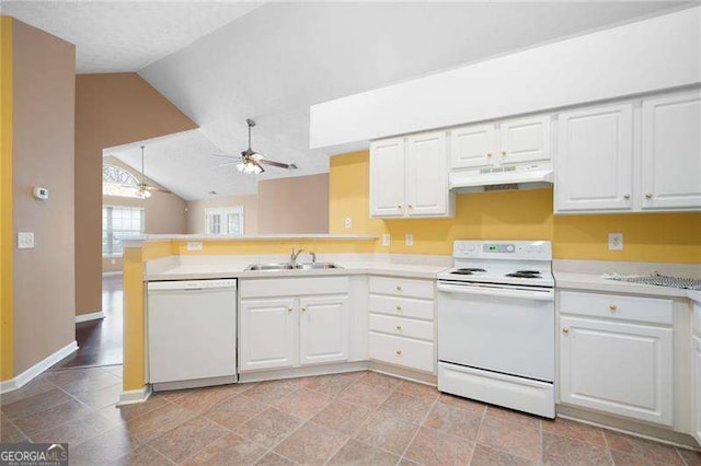 kitchen featuring white cabinetry, white appliances, kitchen peninsula, and sink