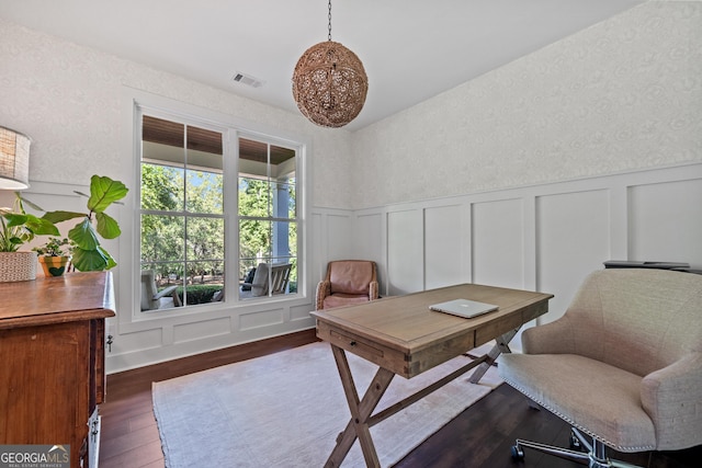 office with dark wood-type flooring