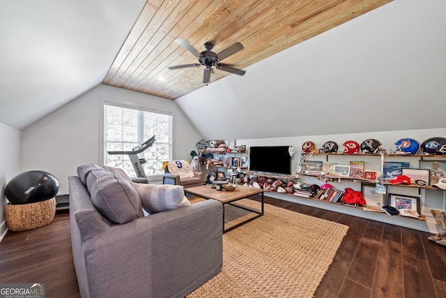 living room featuring dark wood-type flooring, ceiling fan, vaulted ceiling, and wooden ceiling