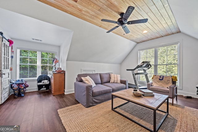 living room featuring vaulted ceiling, dark hardwood / wood-style floors, wooden ceiling, and ceiling fan