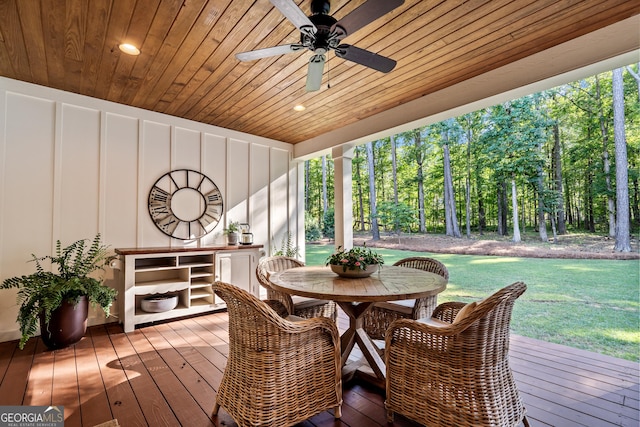 exterior space with wooden ceiling and ceiling fan