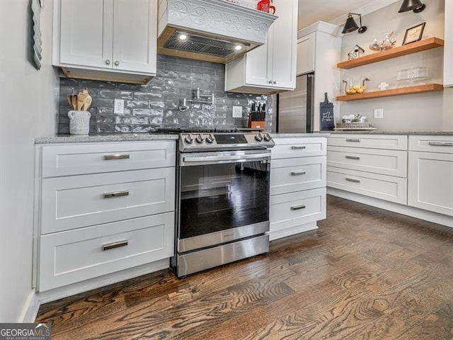 kitchen with dark wood-style flooring, appliances with stainless steel finishes, decorative backsplash, and premium range hood