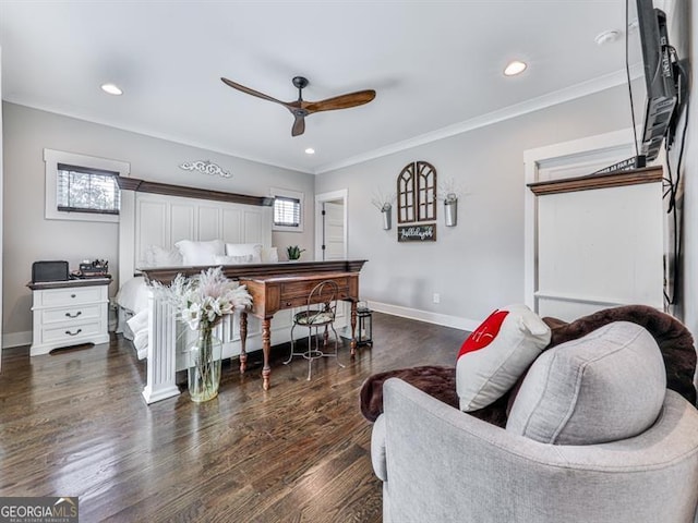 bedroom with crown molding, dark wood-type flooring, baseboards, recessed lighting, and a ceiling fan