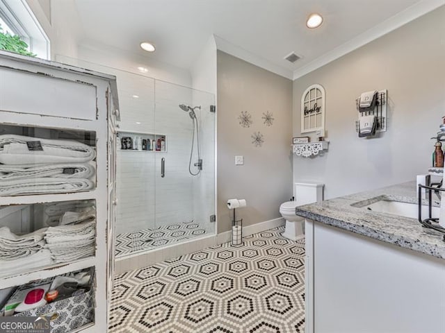 full bathroom with baseboards, ornamental molding, a shower stall, and tile patterned flooring