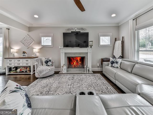 living room with a high end fireplace, plenty of natural light, baseboards, and wood finished floors