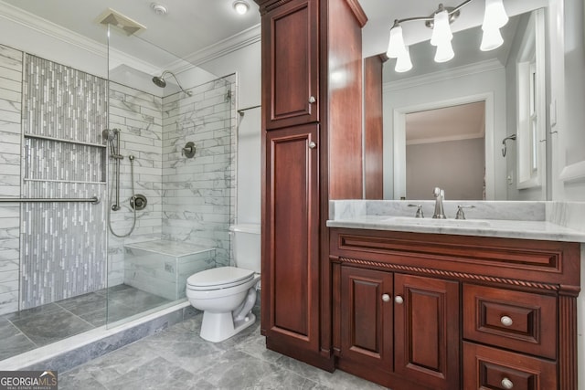 bathroom with ornamental molding, vanity, toilet, and a shower with shower door