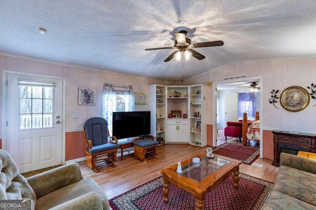 living room with vaulted ceiling, a wealth of natural light, a textured ceiling, and light hardwood / wood-style floors