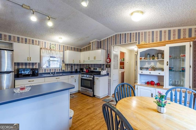 kitchen with lofted ceiling, sink, white cabinetry, stainless steel appliances, and a textured ceiling