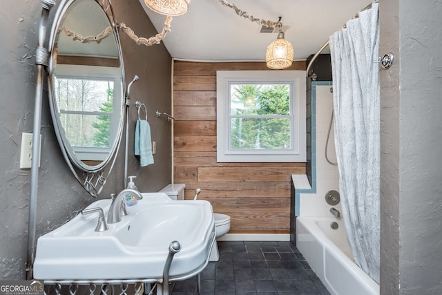 full bath with a sink, plenty of natural light, wooden walls, and toilet