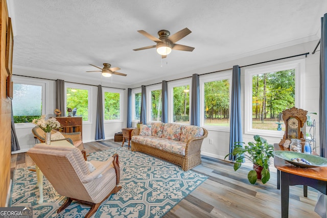 sunroom featuring ceiling fan