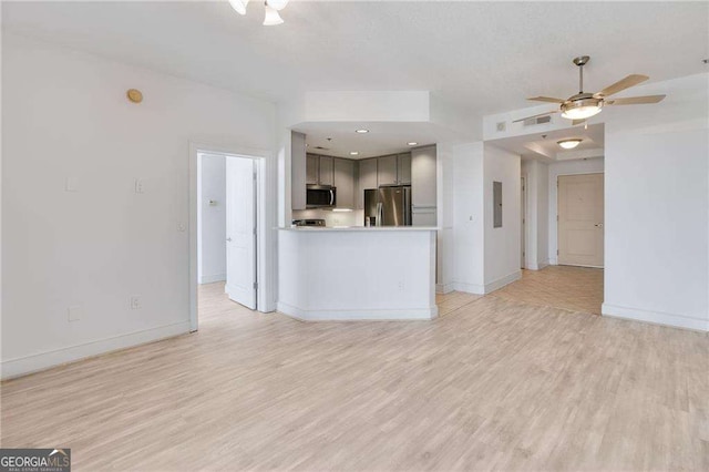 unfurnished living room featuring ceiling fan, electric panel, and light wood-type flooring