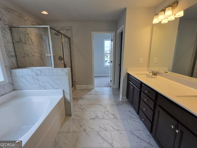 508 Clayborne Way Unit 246A, Loganville, GA 30052 - bathroom featuring marble finish floors, a garden tub, baseboards, a stall shower, and recessed lighting