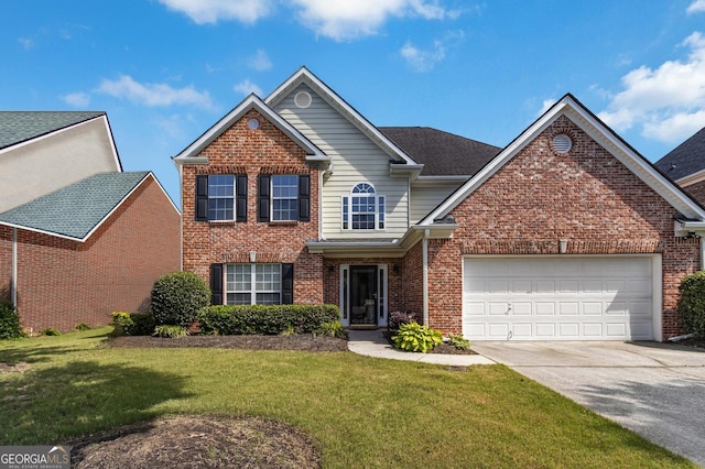 480 Glenns Farm Way, Grayson, GA 30017 - traditional-style home with driveway, brick siding, an attached garage, and a front lawn
