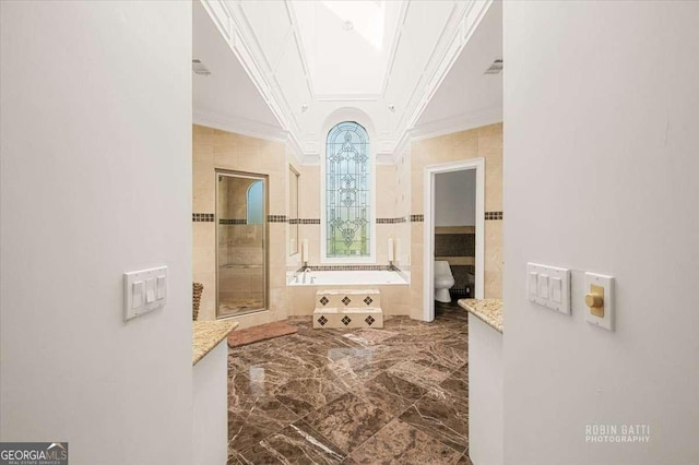 bathroom with ornamental molding, plus walk in shower, and toilet