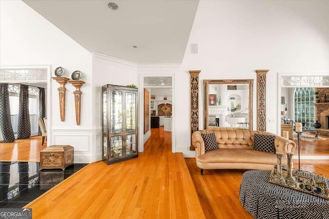 living room with hardwood / wood-style floors and a towering ceiling