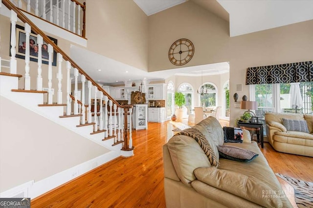 living room featuring a towering ceiling and wood-type flooring