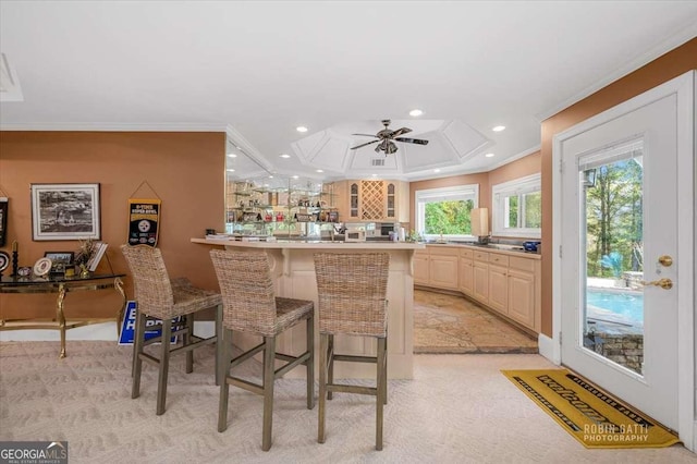 kitchen with ornamental molding, ceiling fan, a kitchen breakfast bar, and kitchen peninsula