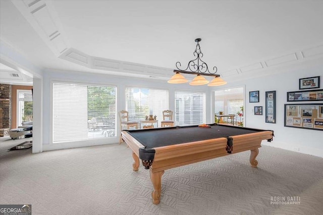 recreation room featuring light colored carpet and pool table