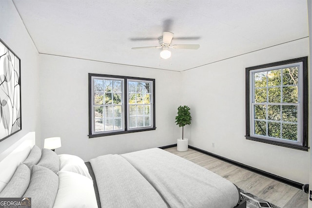 bedroom featuring multiple windows, light hardwood / wood-style floors, and ceiling fan