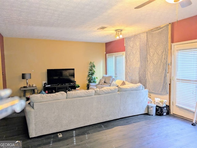 living room featuring a healthy amount of sunlight, hardwood / wood-style floors, and a textured ceiling