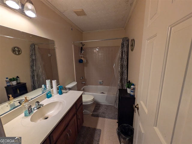 full bathroom featuring crown molding, shower / tub combo, vanity, a textured ceiling, and toilet