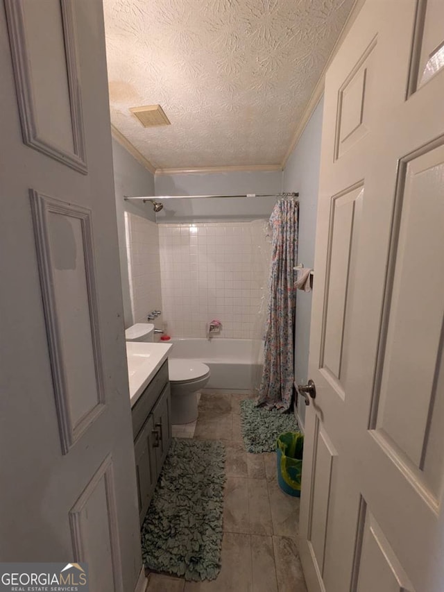 full bathroom with shower / bath combo, vanity, ornamental molding, a textured ceiling, and toilet