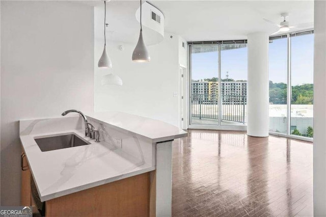 kitchen featuring a sink, a ceiling fan, wood finished floors, pendant lighting, and expansive windows