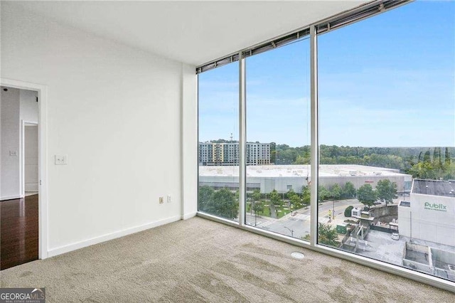 empty room featuring baseboards, floor to ceiling windows, and carpet