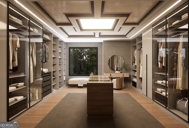 walk in closet with light hardwood / wood-style floors