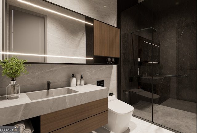 bathroom with tile walls, decorative backsplash, vanity, an enclosed shower, and toilet