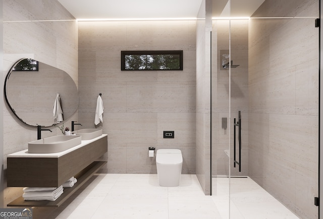 bathroom with tile walls, vanity, a tile shower, tile patterned floors, and toilet