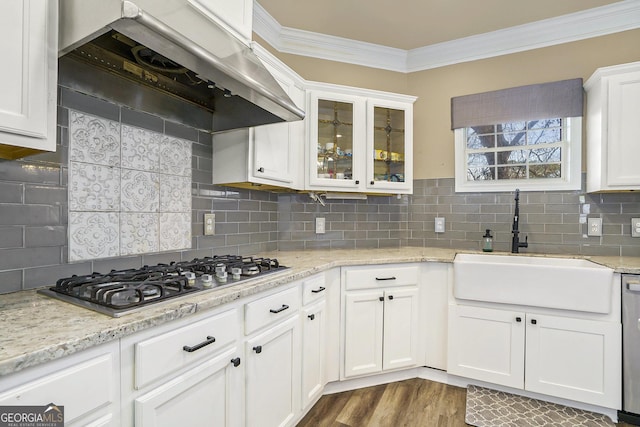 kitchen with under cabinet range hood, stainless steel appliances, a sink, white cabinetry, and glass insert cabinets