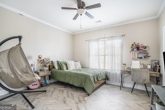 bedroom with baseboards, ceiling fan, visible vents, and crown molding