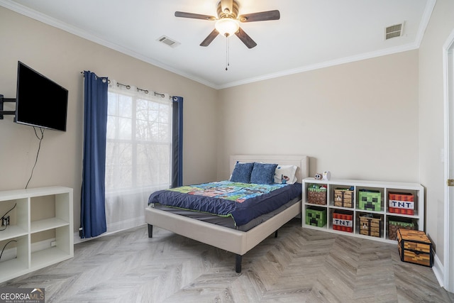 bedroom featuring baseboards, visible vents, and crown molding